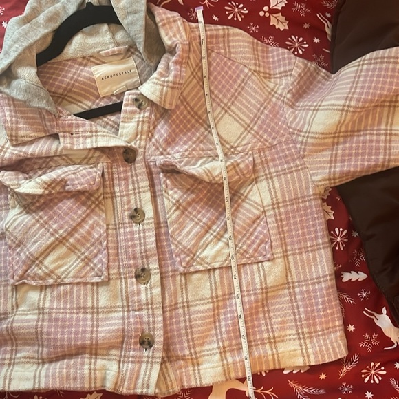Aeropostale pink cream plaid cropped flannel jacket with hood, medium - Picture 10 of 12